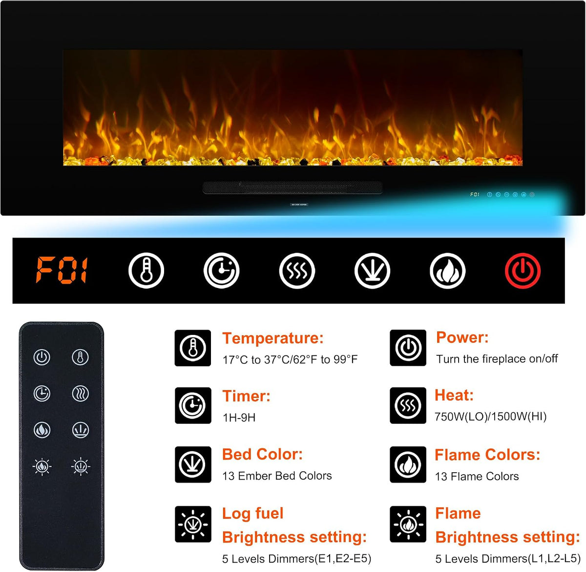 Oxharkflame 42In Recessed Wallmounted Electric Fireplace Insert 1500W Black