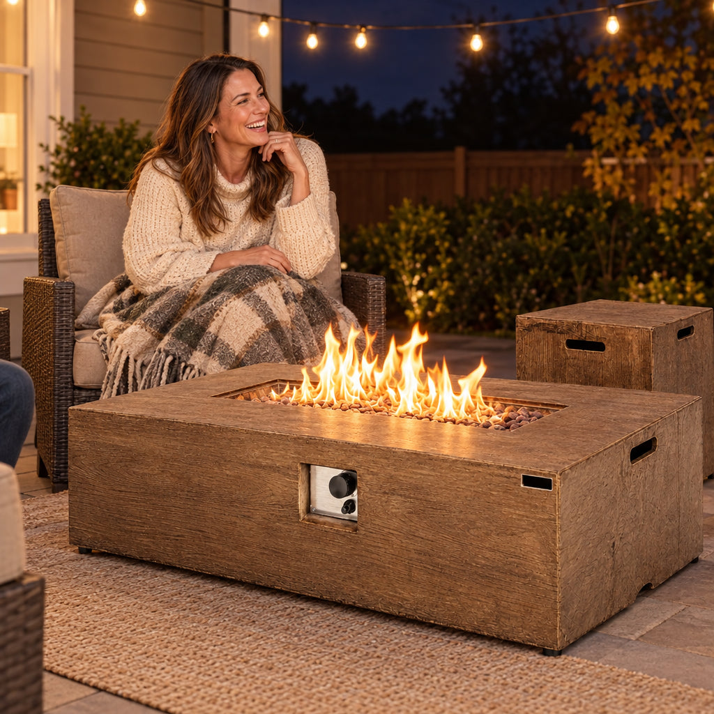 2 Pieces Outdoor Propane Fire, woman laughing with a blanket over her lap, leaning toward the fire table