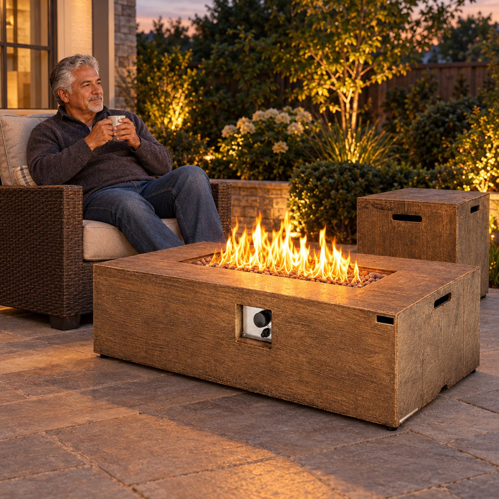 2 Pieces Outdoor Propane Fire, older man seated alone in a deep patio chair, hands wrapped around a mug, gazing into the fire