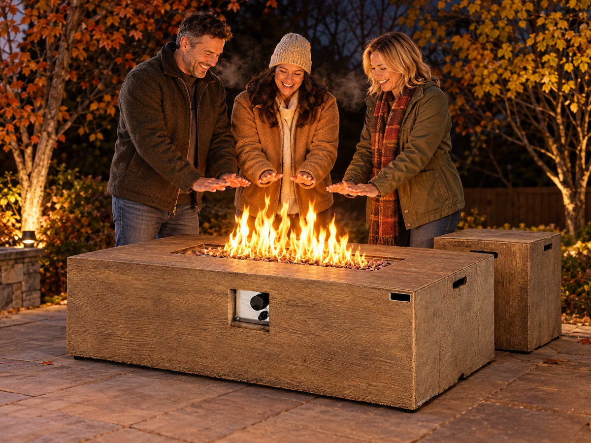 2 Pieces Outdoor Propane Fire, three guests stretching hands toward the flame, laughing, coats on but unzipped