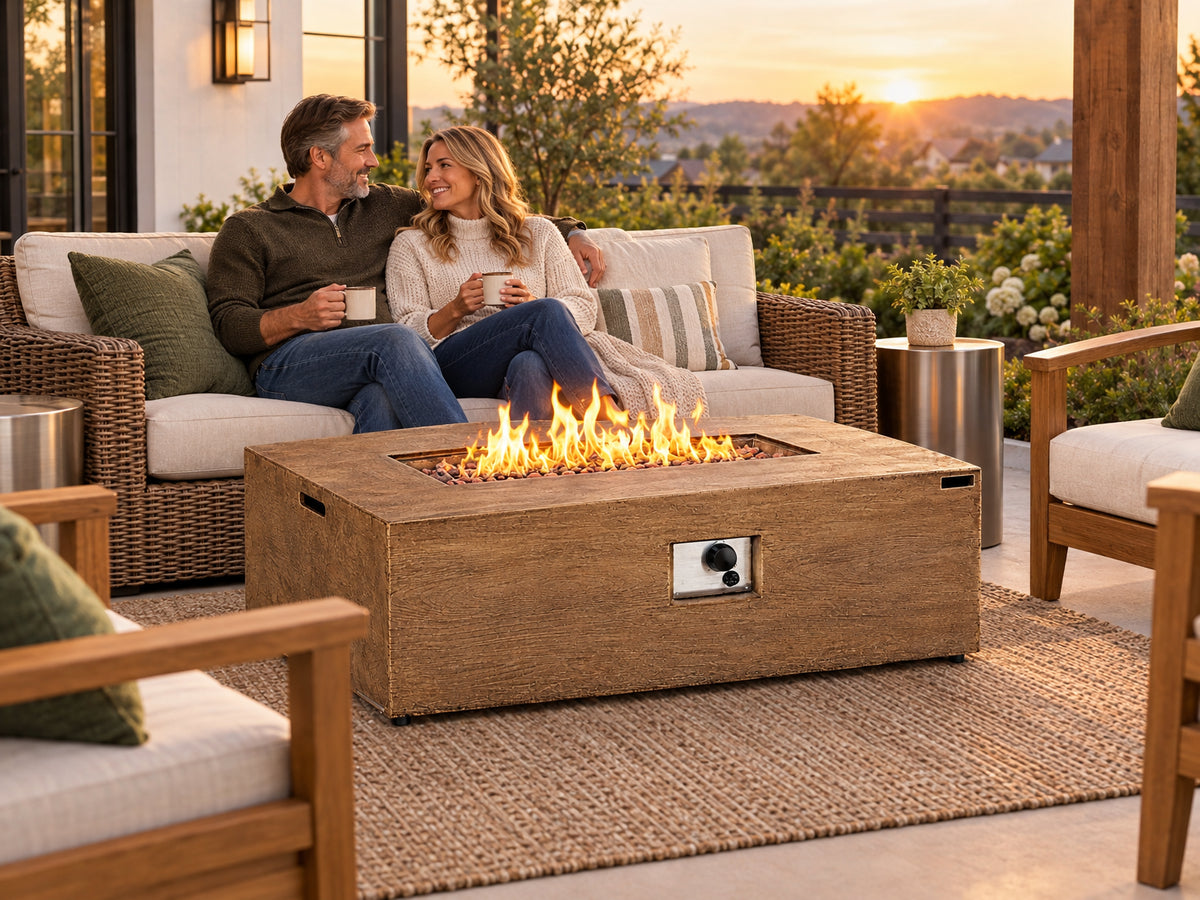 2 Pieces Outdoor Propane Fire, couple seated on a wood-and-wicker sofa, relaxed, fire table in front of them