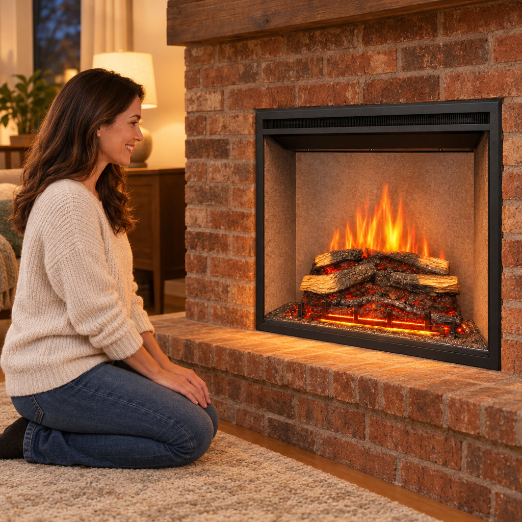Presto Electric Fireplace Insert for, woman kneeling on the hearth rug, both hands resting on her knees