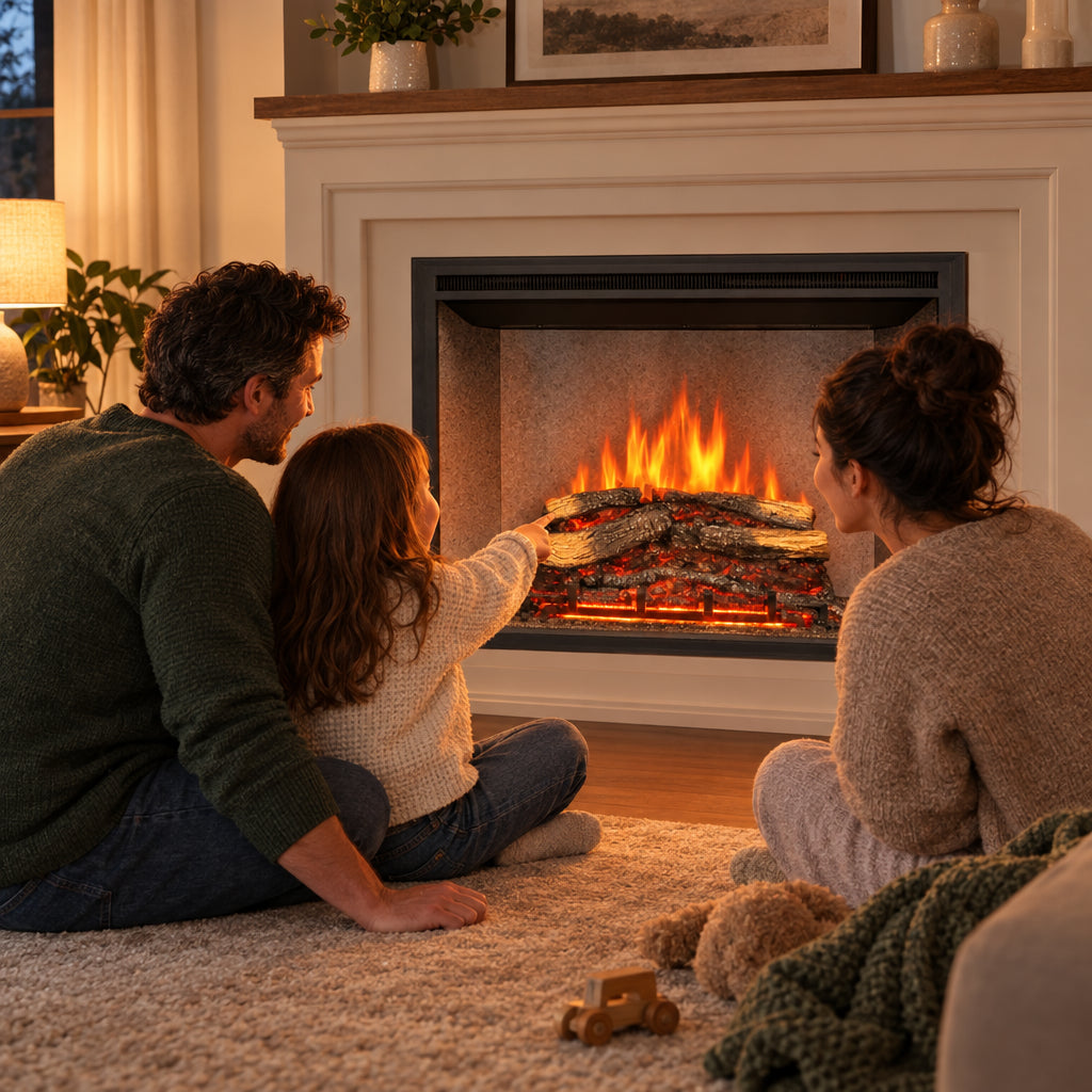 Presto Electric Fireplace Insert for, couple and a child sitting on the floor together in front of the glowing fireplace