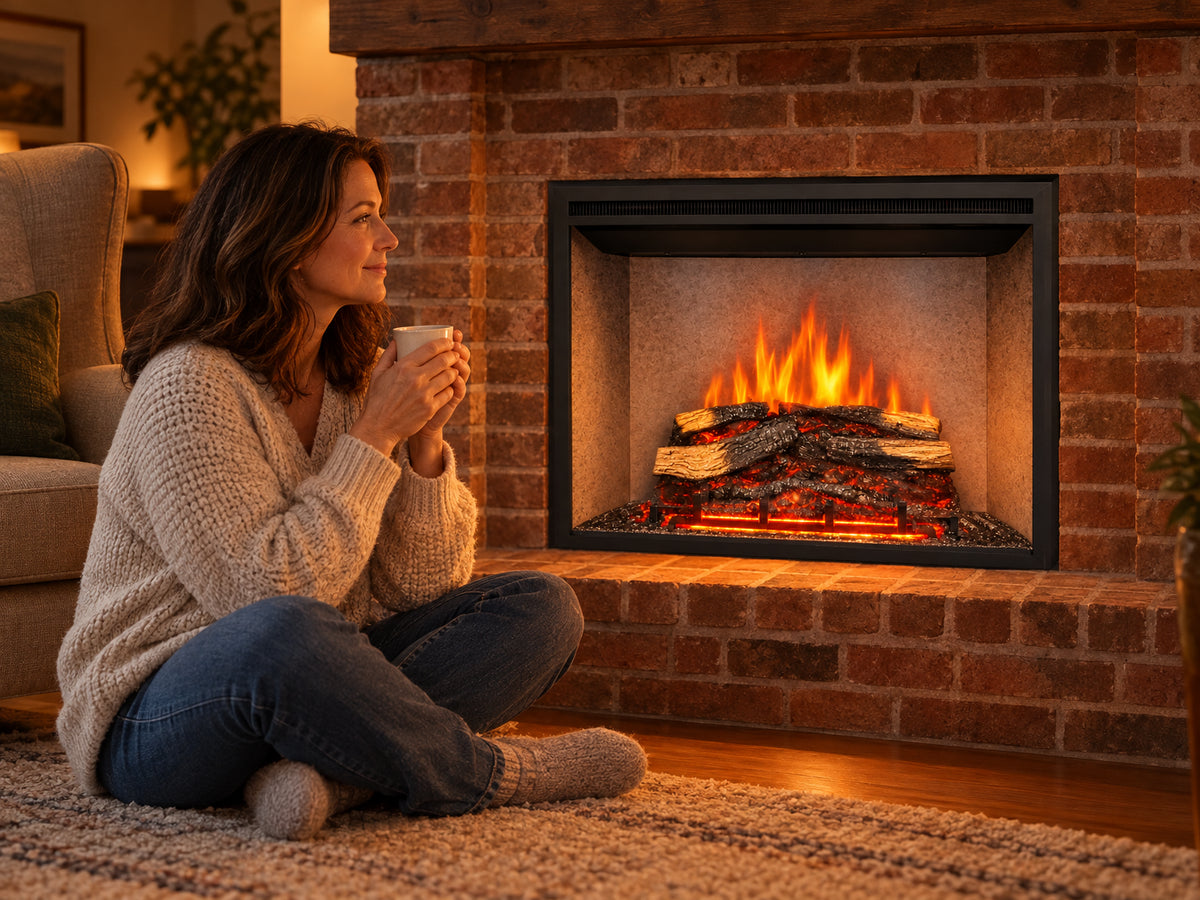 Presto Electric Fireplace Insert for, woman sitting on the floor in front of the lit fireplace, knees drawn up