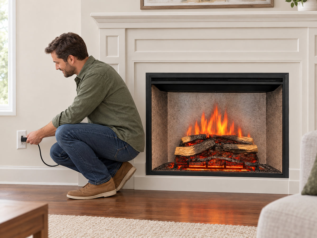 Presto Electric Fireplace Insert for, man crouching beside a standard wall outlet, pressing a plug into it with one hand