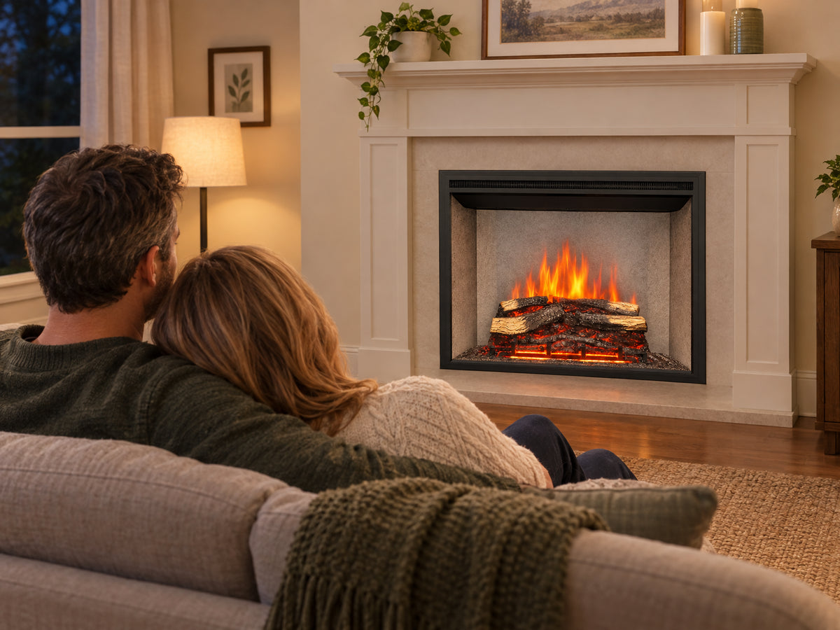 Presto Electric Fireplace Insert for, couple on a loveseat facing the glowing fireplace