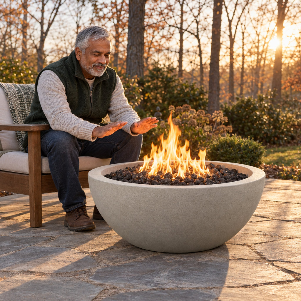 Round Concrete Fire Pit Designed, a man in a fleece vest seated close to the fire pit, warming his hands over the flame