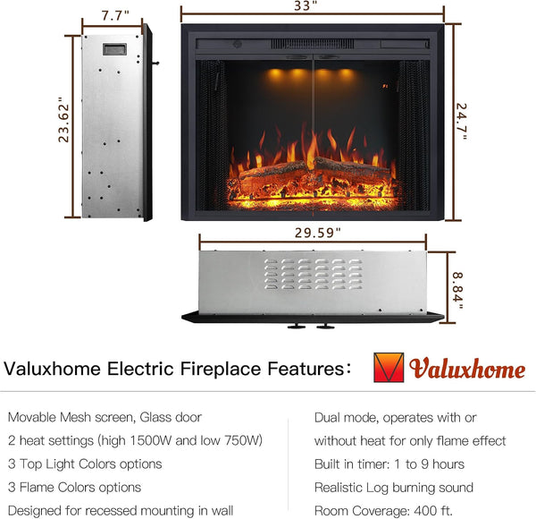 Valuxhome 33" Built-In Electric Fireplace Insert – 1500W, Heats 400 Sq Ft, Remote