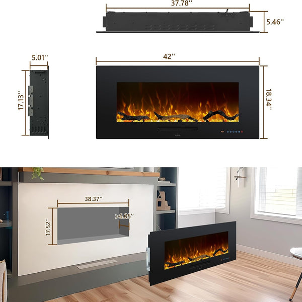 Oxhark Flame 42" Recessed Wall-Mount Electric Fireplace Insert – 1500W, Black