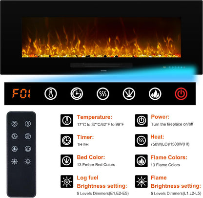 Oxharkflame 42In Recessed Wallmounted Electric Fireplace Insert 1500W Black