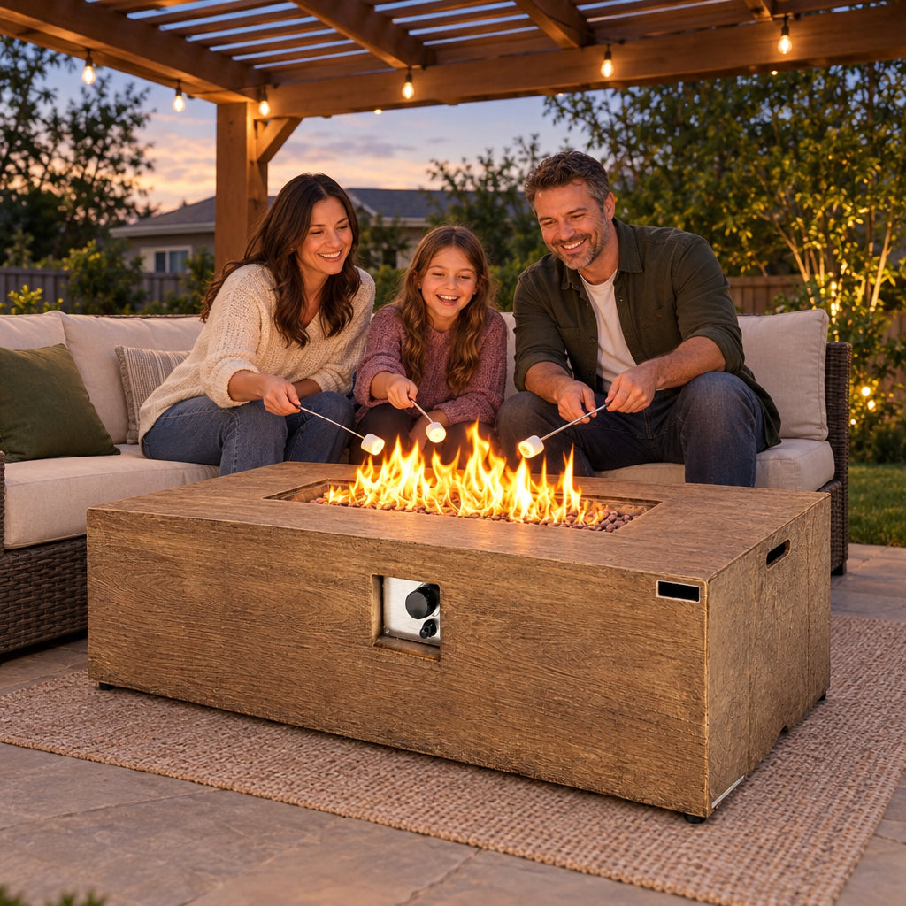 2 Pieces Outdoor Propane Fire, couple and a child roasting marshmallows over the fire table together