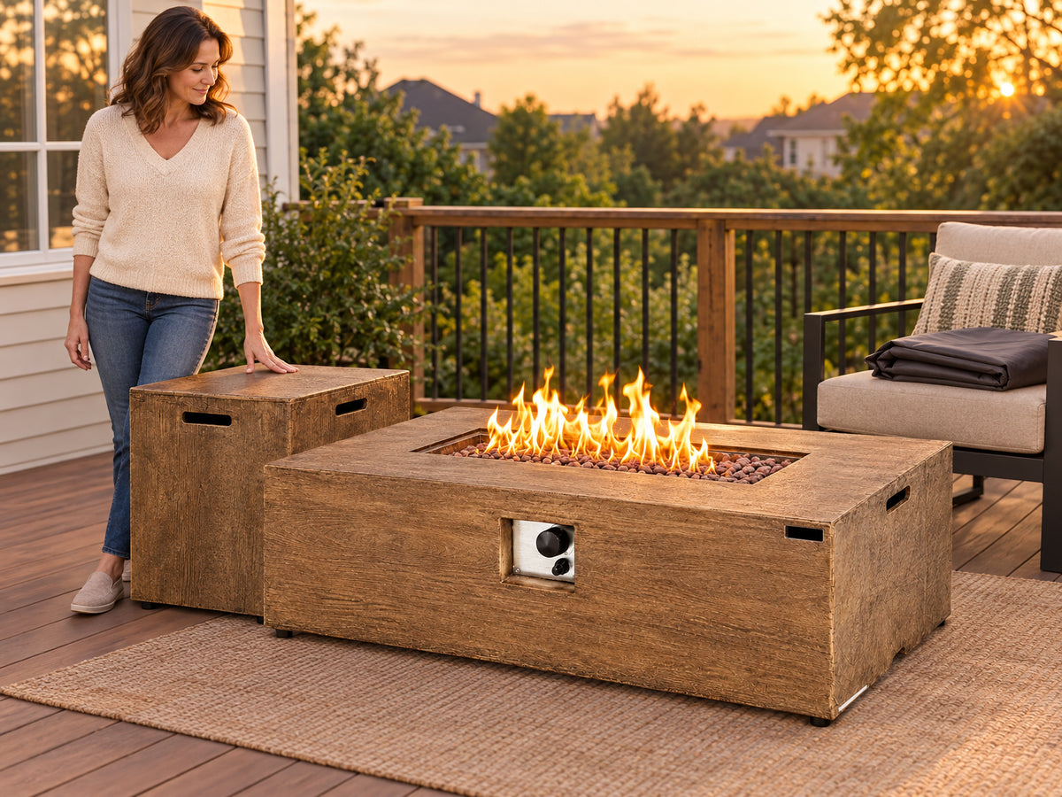 2 Pieces Outdoor Propane Fire, woman resting her hand on the matching side table beside the fire table