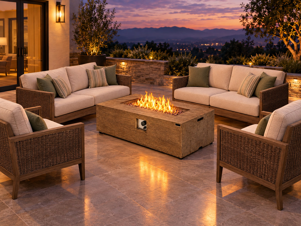 2 Pieces Outdoor Propane Fire, wide establishing shot with no people