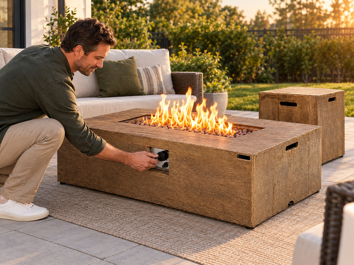 2 Pieces Outdoor Propane Fire, man turning the ignition knob with one hand, fire blooming to life immediately