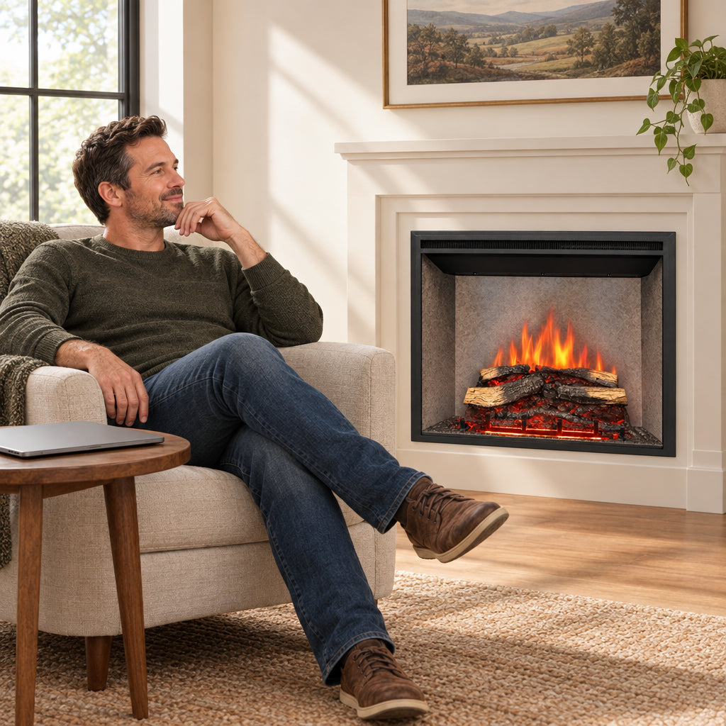 Presto Electric Fireplace Insert for, man sitting in an armchair near the glowing fireplace