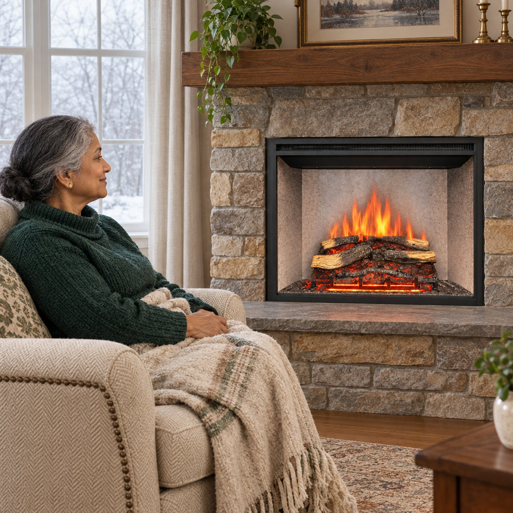 Presto Electric Fireplace Insert for, older woman seated in an upholstered chair angled toward the fireplace