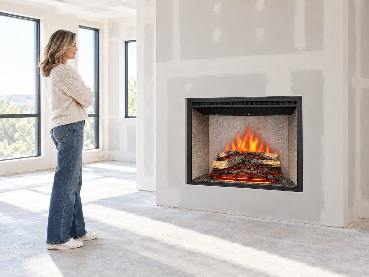 Presto Electric Fireplace Insert for, woman standing back with arms loosely crossed