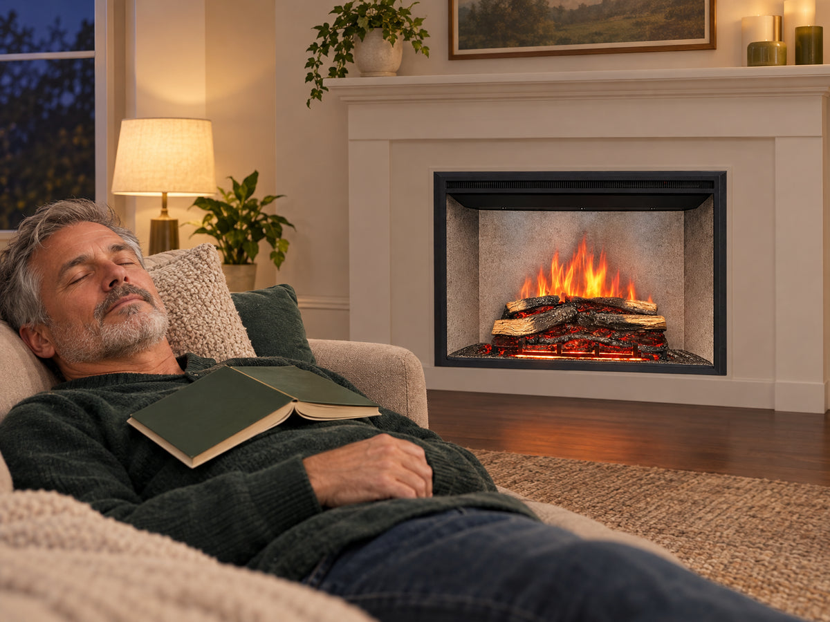 Presto Electric Fireplace Insert for, man reclining on a sofa with a book open on his chest, eyes closed