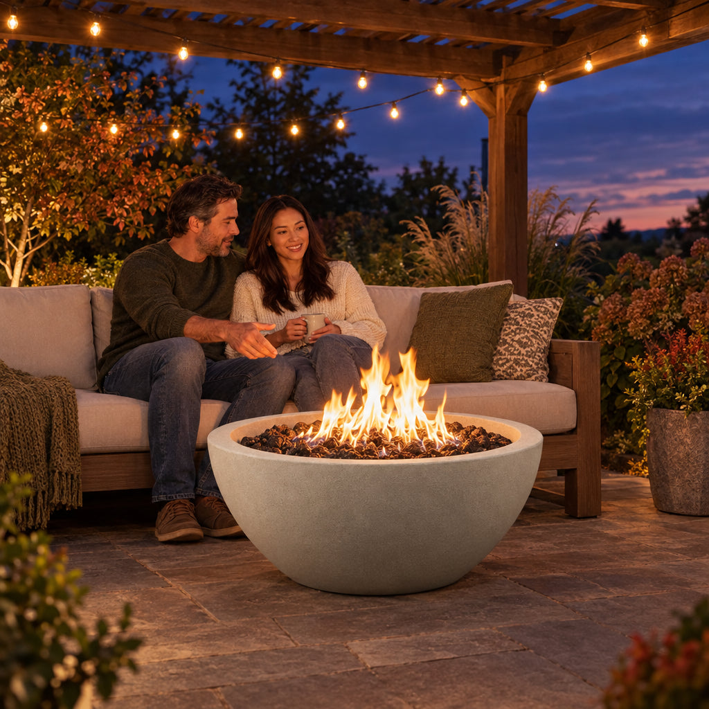 Round Concrete Fire Pit Designed, two people side by side on an outdoor sofa, one pointing toward the fire as they talk