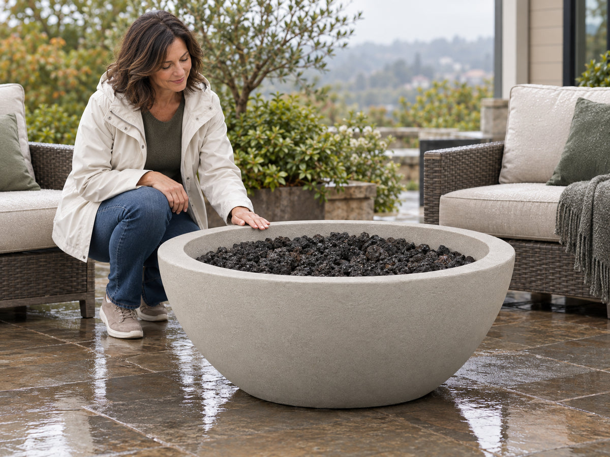 Round Concrete Fire Pit Designed, a woman resting her hand lightly on the smooth rim of the fire pit, admiring its surface