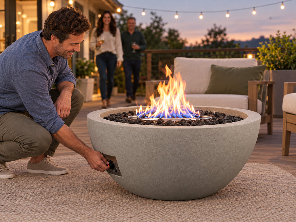 Round Concrete Fire Pit Designed, a man turning the propane valve and pressing the igniter, flame appearing instantly