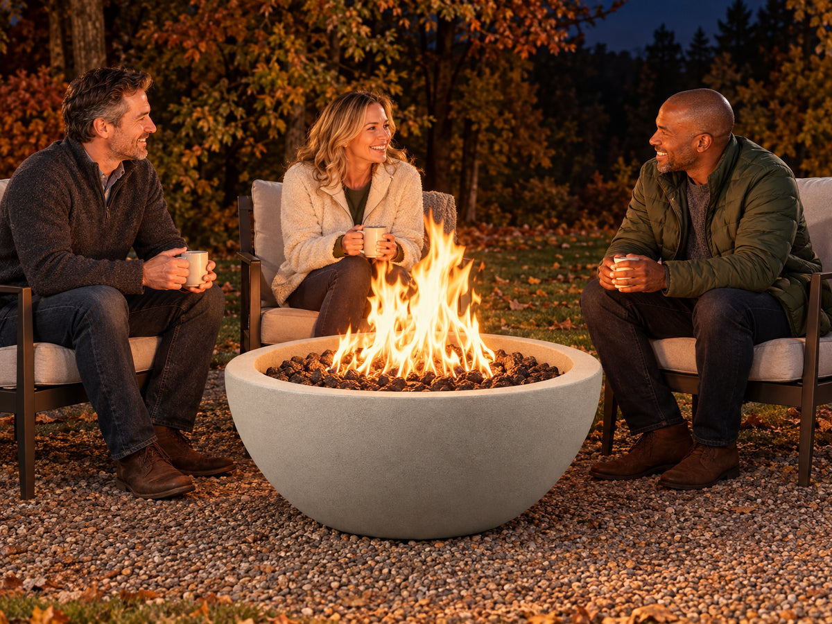 Round Concrete Fire Pit Designed, a small group seated close, sleeves rolled down but relaxed, clearly warm