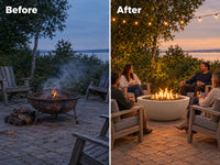 Pompton 42 In. round Concrete Composite Propane Fire Pit in Fog with Vinyl Cover — Before & After