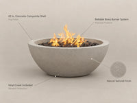 Pompton 42 In. round Concrete Composite Propane Fire Pit in Fog with Vinyl Cover — Feature Infographic