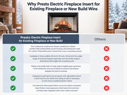Presto Electric Fireplace Insert for Existing Fireplace or New Build — Comparison